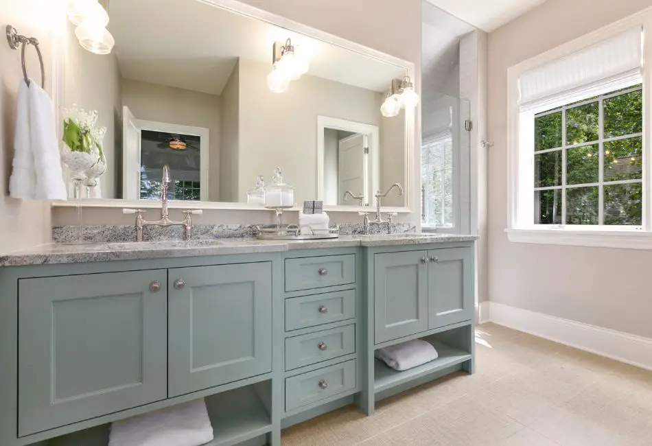 kitchen with mint green cabinet