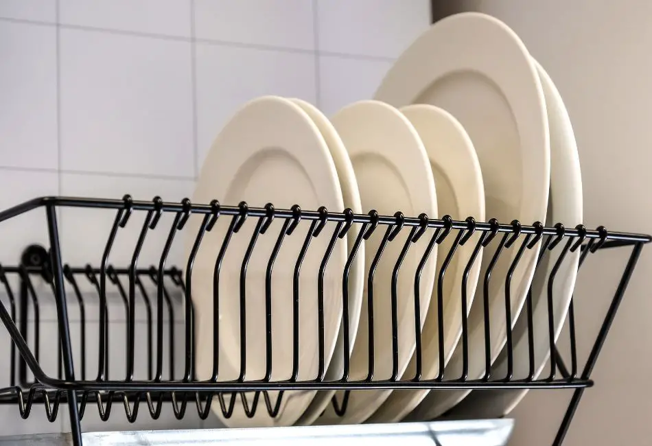 Black dish drying rack with plates