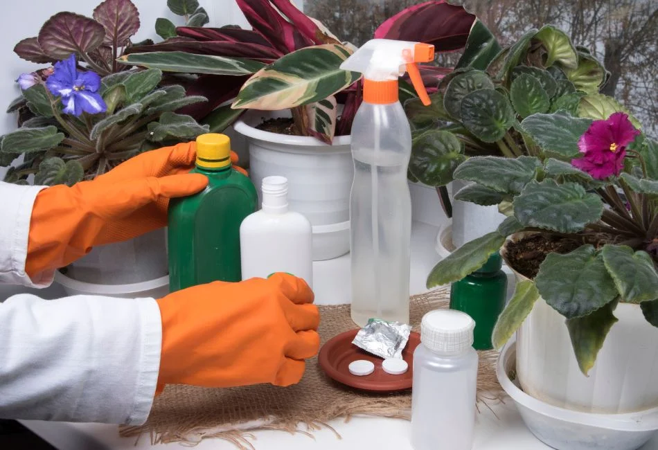 bottles with pesticides against indoor plant disease