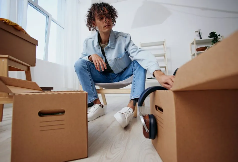 guy sorting out things in the room with boxes