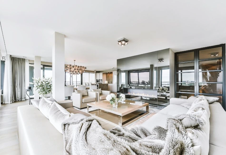 luxury living room interior with mirrors and glasses