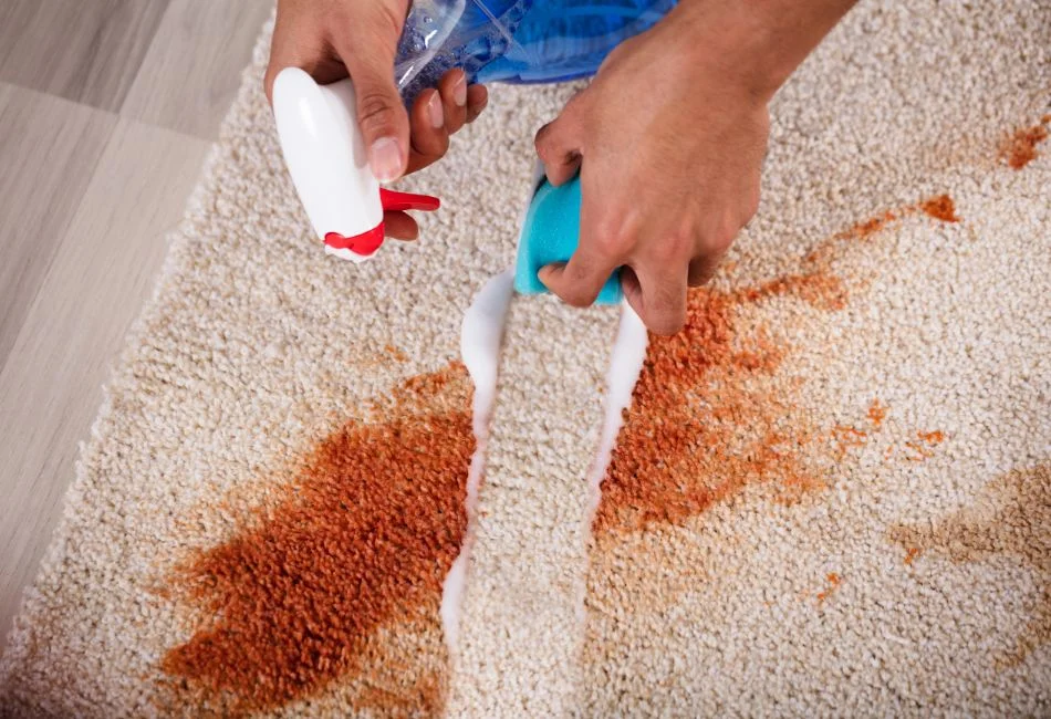 man cleaning stains on carpet