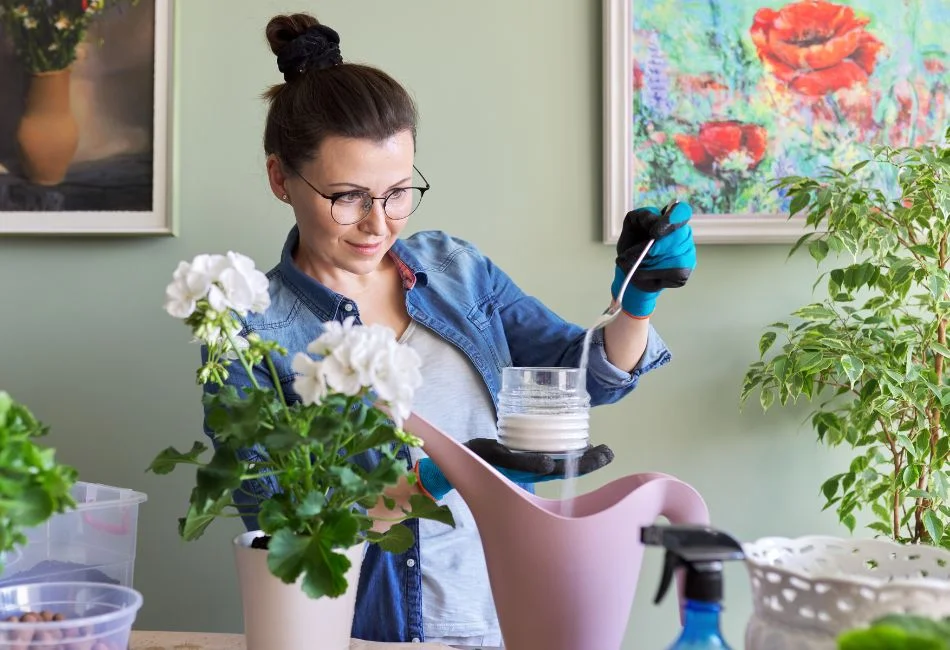 woman mixing fertilizer for indoor plant