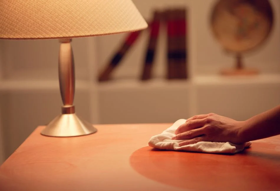 a person dusting the table