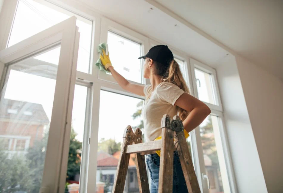 a woman on a ladder cleaning windows